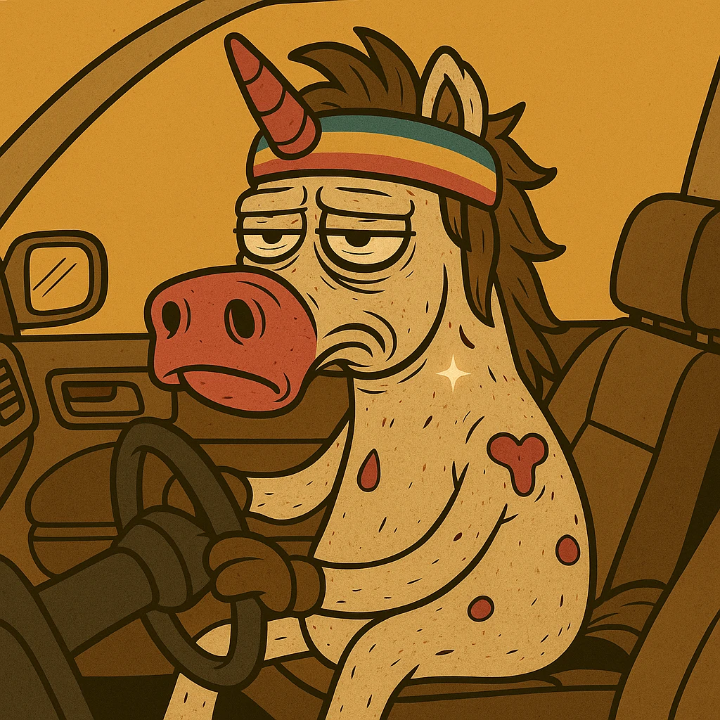 Place a dirty, crumpled unicorn with bags under its eyes, a drooping horn, and a bright shiny headband behind the wheel of a car in a cartoon style. Maintain the cartoon style and the unicorn's described features. emoji
