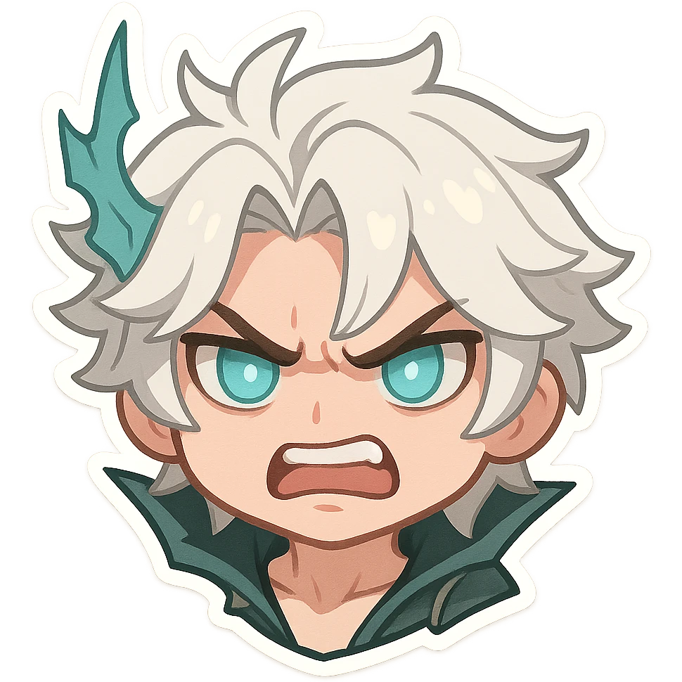 Viego from League of Legends, chibi style emote, only head, angry expression emoji