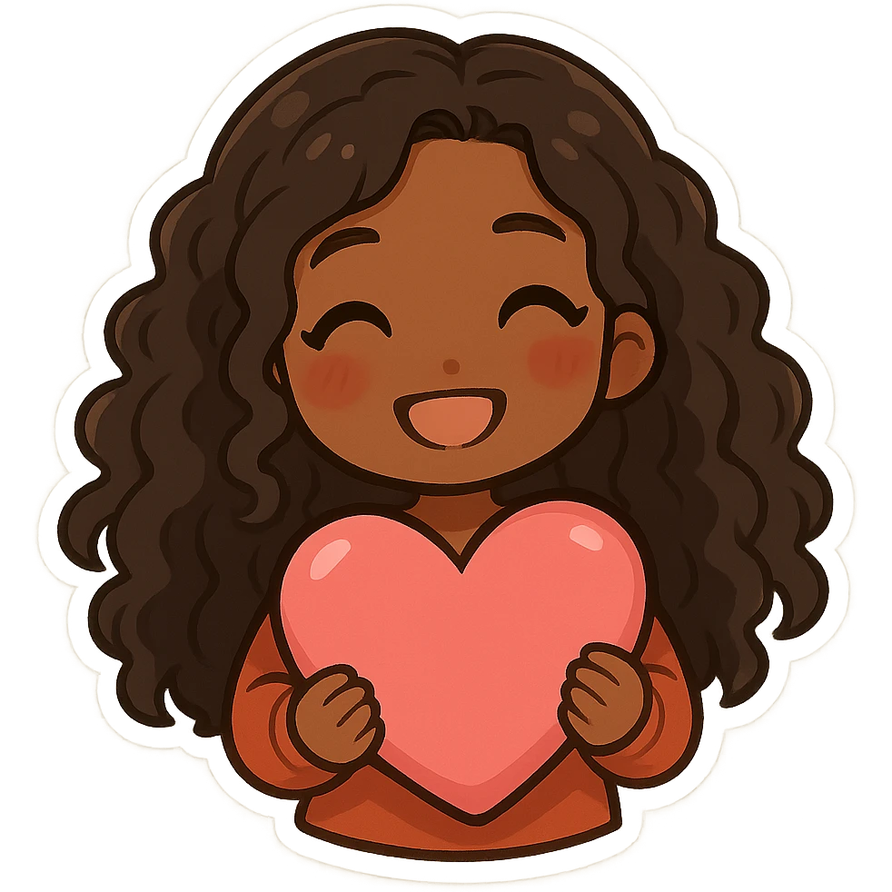 chibi anime black girl with long curly hair, smiling, holding a pink heart emoji
