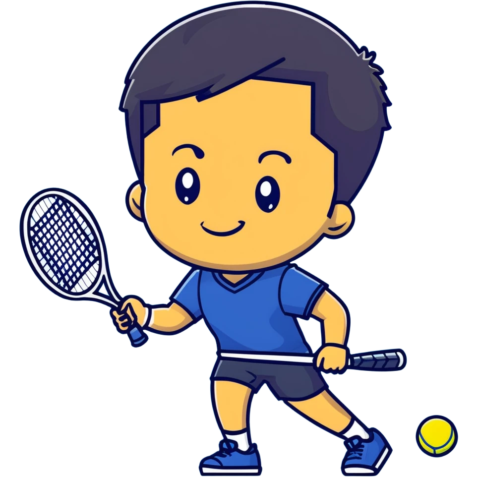 light brown skinned tennis coach, short straight black hair with widow's peak, oval face, small eyes, smiling, holding blue Yonex racket, wearing navy blue dry fit shirt emoji
