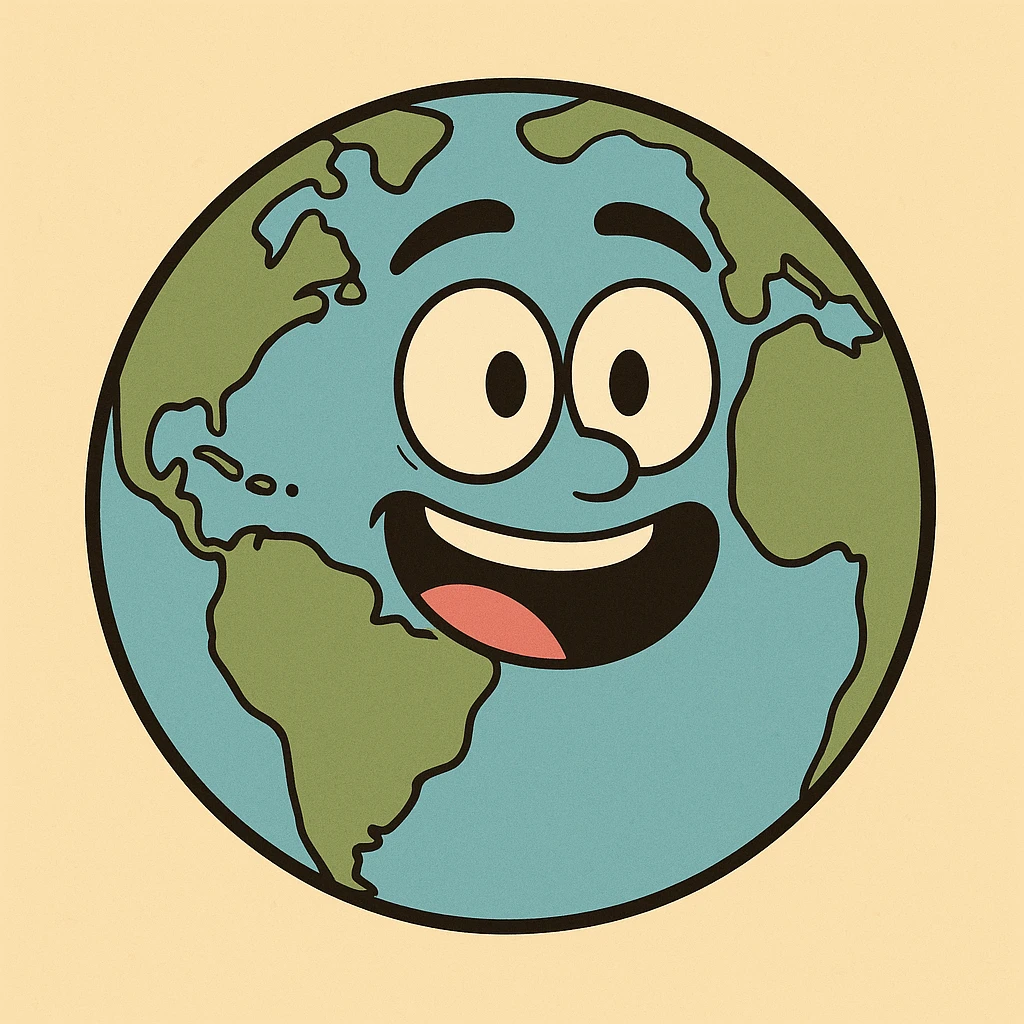 cartoon style planet Earth with a smiling face, bright colors emoji