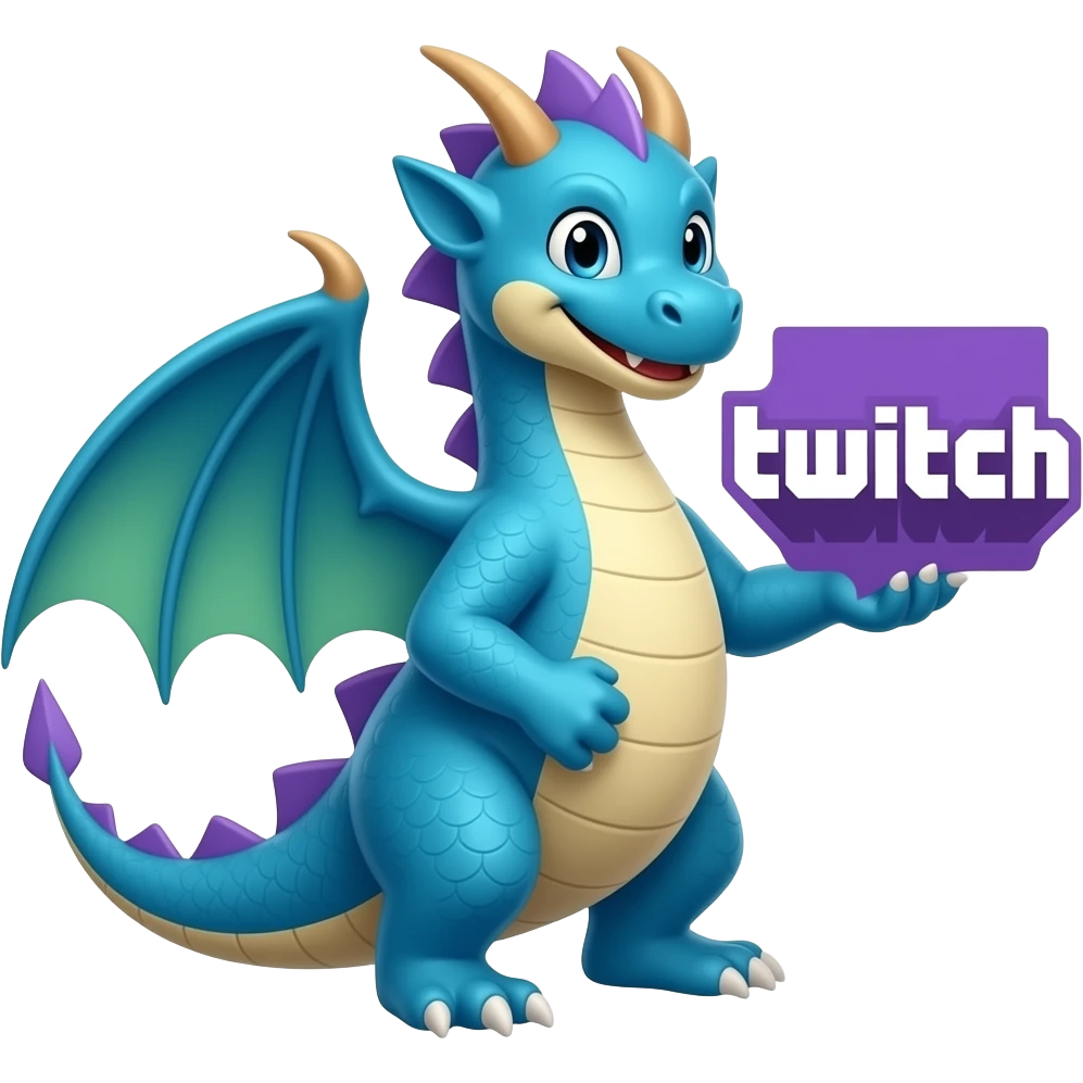 Blue dragon holding twitch logo looking right emoji