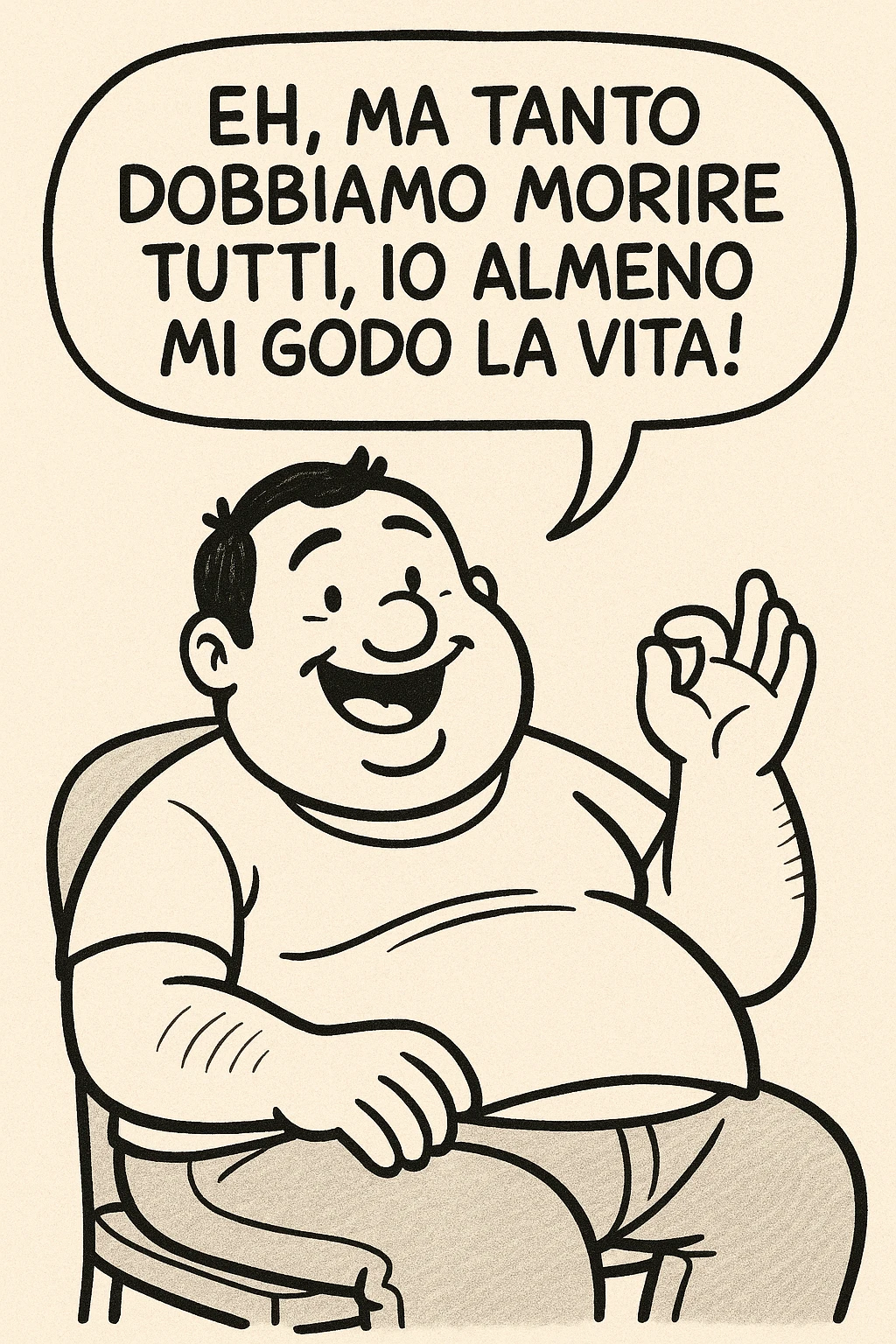uomo grasso che dice "Eh, ma tanto dobbiamo morire tutti, io almeno mi godo la vita!" emoji