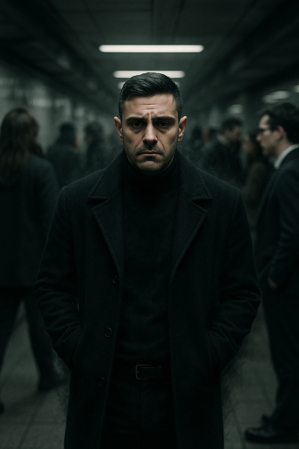 A cinematic shot of a man in his early 30s standing still in the middle of a crowded urban environment — perhaps a subway platform or office hallway — surrounded by blurred, cold-looking people facing away from him or speaking among themselves, ignoring him completely. The man has a heavy, emotionally drained expression, shoulders slightly slouched, hands in his coat pockets. He stands out in sharp focus while the others are dimly lit, grey-toned, and in motion blur. The lighting is harsh and cool, with strong shadows and low saturation to emphasize emotional isolation. A subtle dark aura or mist lingers around the man’s body, visually conveying the weight of negativity and emotional pressure. Shot in 35mm cinematic style, high realism, with a desaturated color palette and shallow depth of field emoji
