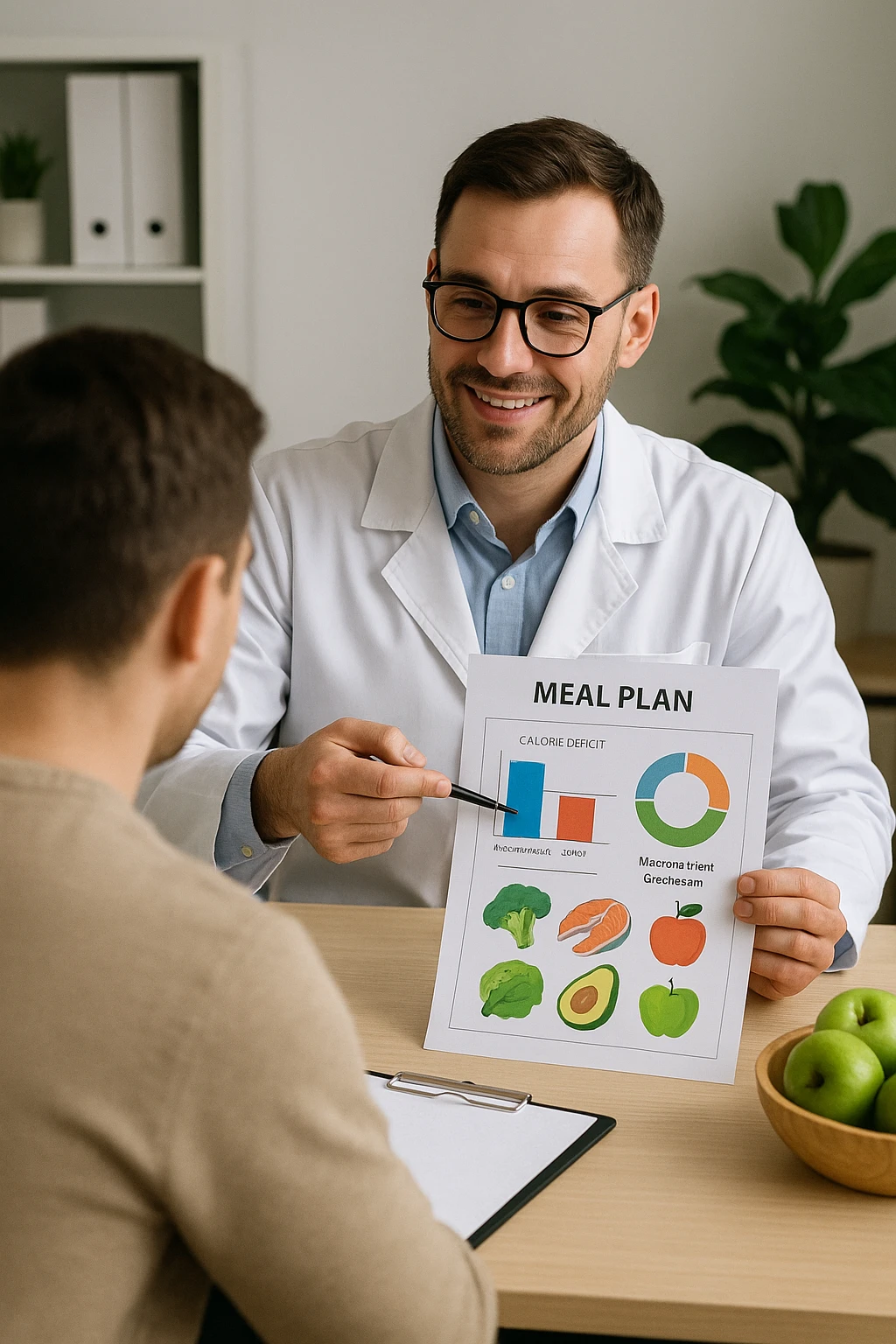 a nutritionist sits at a desk with a client, showing a personalized meal plan and a chart that clearly displays the client’s specific daily caloric deficit. The nutritionist points to the chart, which includes recommended calories, macronutrient breakdown, and healthy food options. The mood is professional, supportive, and educational. in italiano emoji
