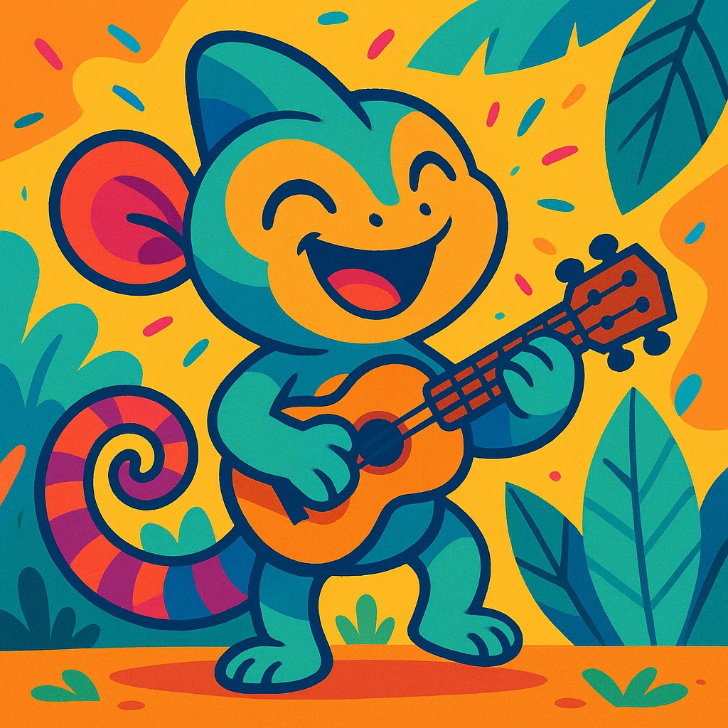 cute animal playing a ukulele, vibrant cartoon style emoji