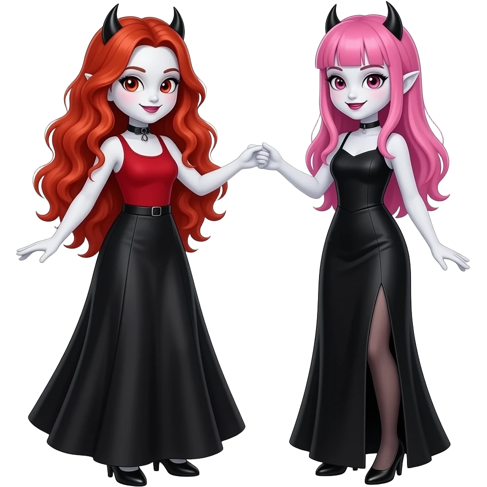 Vampiro femmina adolescente con capelli lunghi rosso fuoco ondulati con pelle bianca con gonna lunga nera e top canottiera rossa che balla con la sua amica VAMPIRA femmina che indossa un vestito lungo nero con pelle bianca e capelli rosa con la frangetta emoji