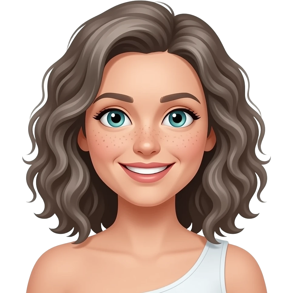 shoulder length curly grey/brown blue/green eyes freckles across nose smiling woman emoji