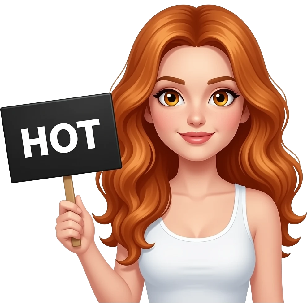 sexy girl with long wavy ginger hair and ginger eyes wearing a white tanktop is holding a black colored sign with HOT written on it emoji