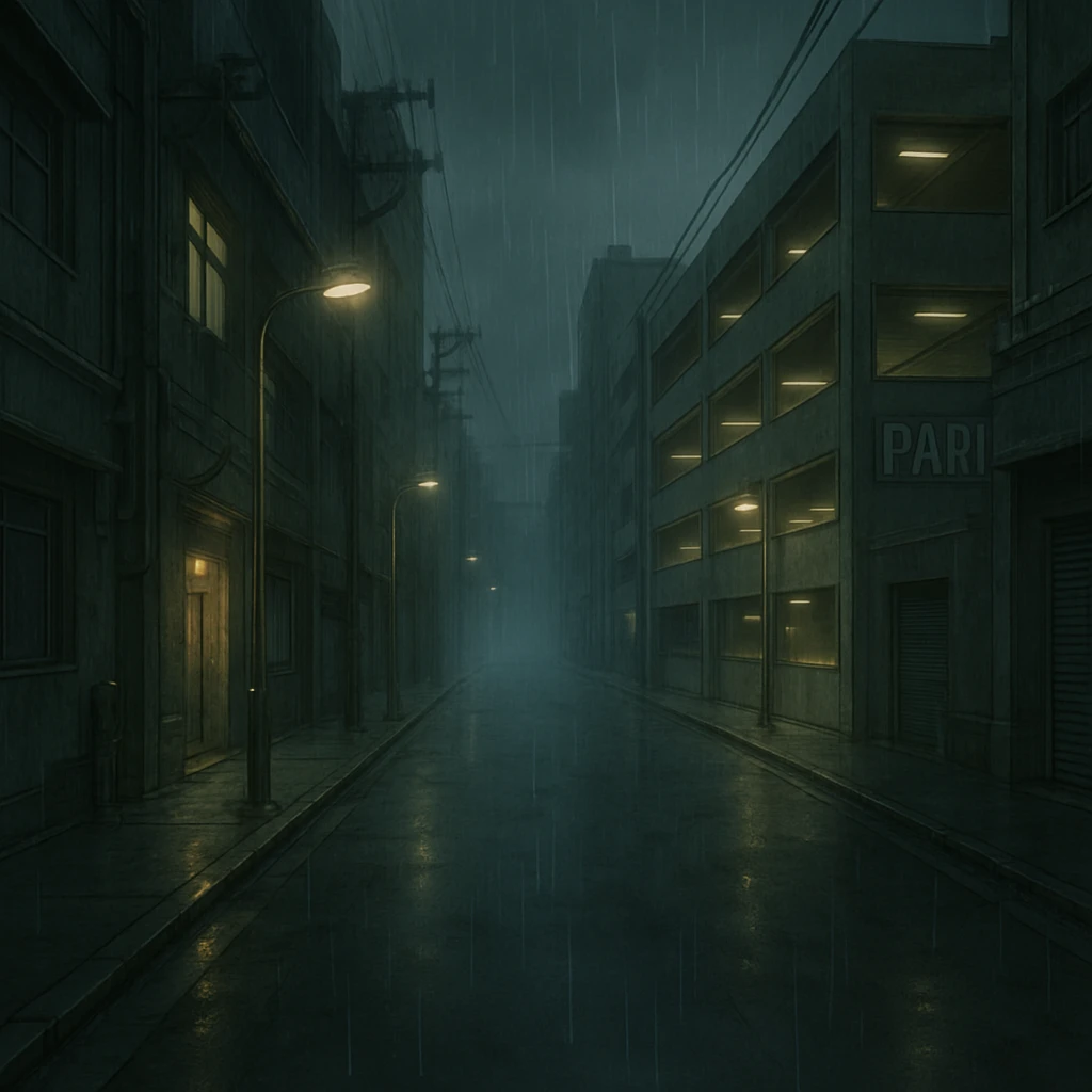 a dark, drab industrial street, dim lights, thick fog and rain. no cars. parking structure. pre-twilight gray. dystopian futurepunk, but the streets are clean emoji