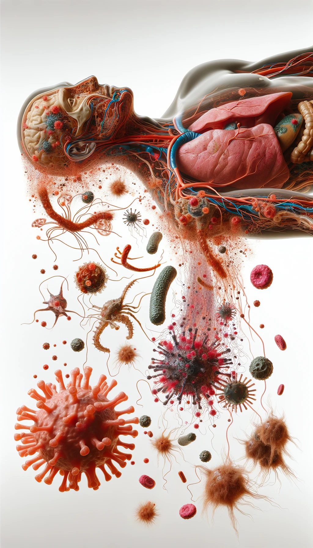 corpo umano anatomico di profilo con virus e parassiti che cercano di attaccarlo , isolato su sfondo bianco, iperrealistico 4k emoji