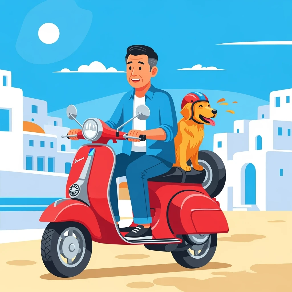 vector art of a man and his pet dog riding a vespa, for website design emoji