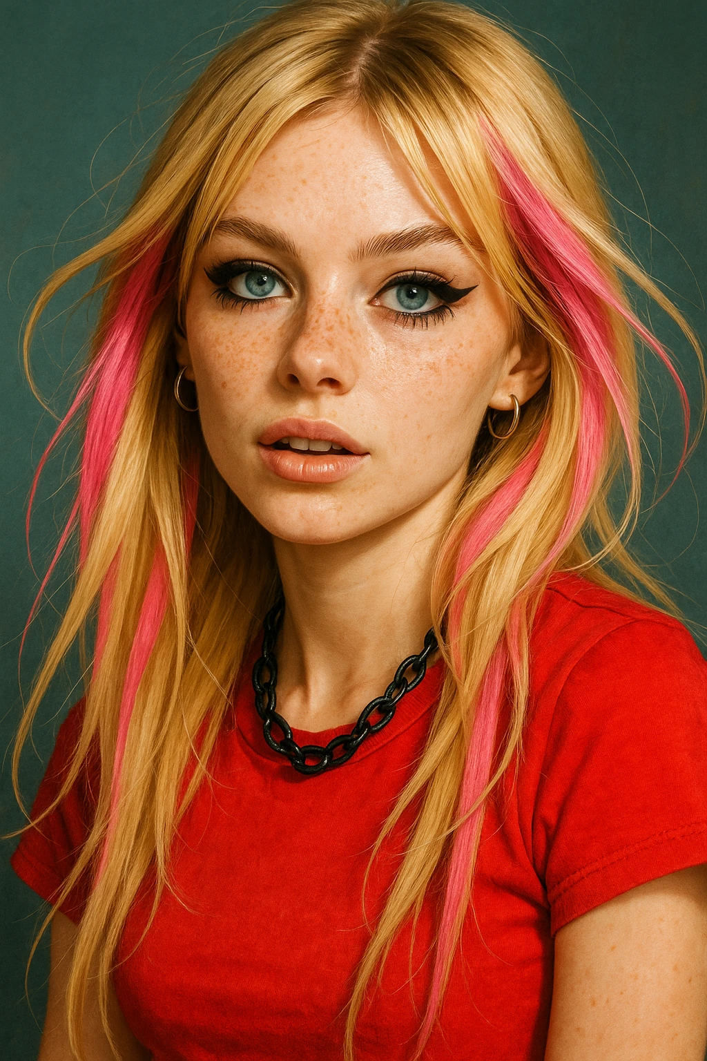 A blonde girl in Y2K punk style, blue eyes, long blonde hair with pink streaks, light black eyeshadow and eyeliner, freckles, fake lashes, red shirt, black necklace. emoji