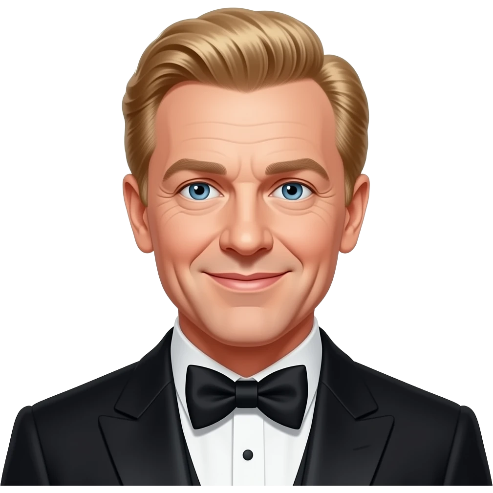 Mickey Rooney with blue eyes, strawberry blonde hair, black silk suit with bow tie emoji