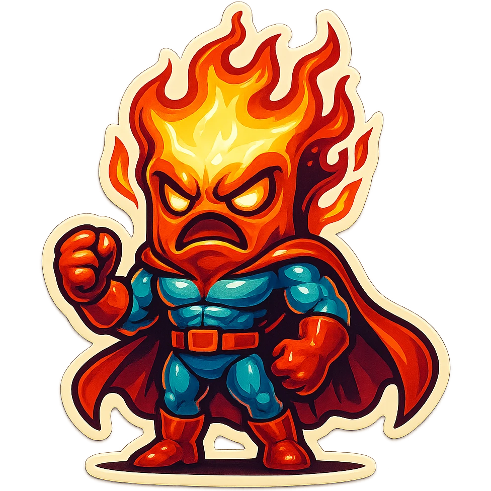 coffee creature, superhero, angry and on fire emoji