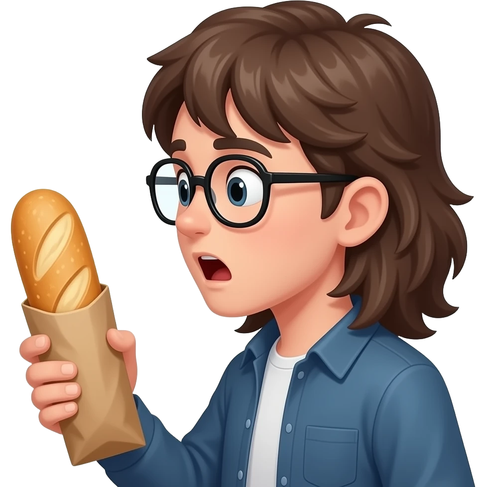 A boy with  LONG hair and glasses  really shocked at a baguette with a sausage inside, make the baguette glow and make it side view(only the head) emoji