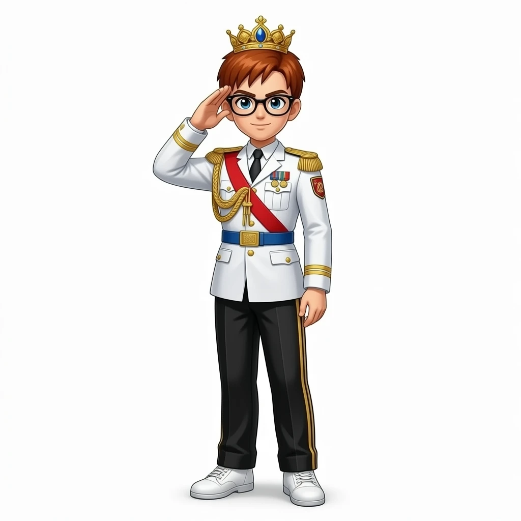 brown bushy auburn haired female android 21 from dragon ball super are wear gold tiara black glass white military tunic arm badge shoulder cord medal red sash blue belt black trouser with two side stripes white shoes to salute of black curly hair 18 yrs boy khudiram bose statue in muzaffapur bihar emoji