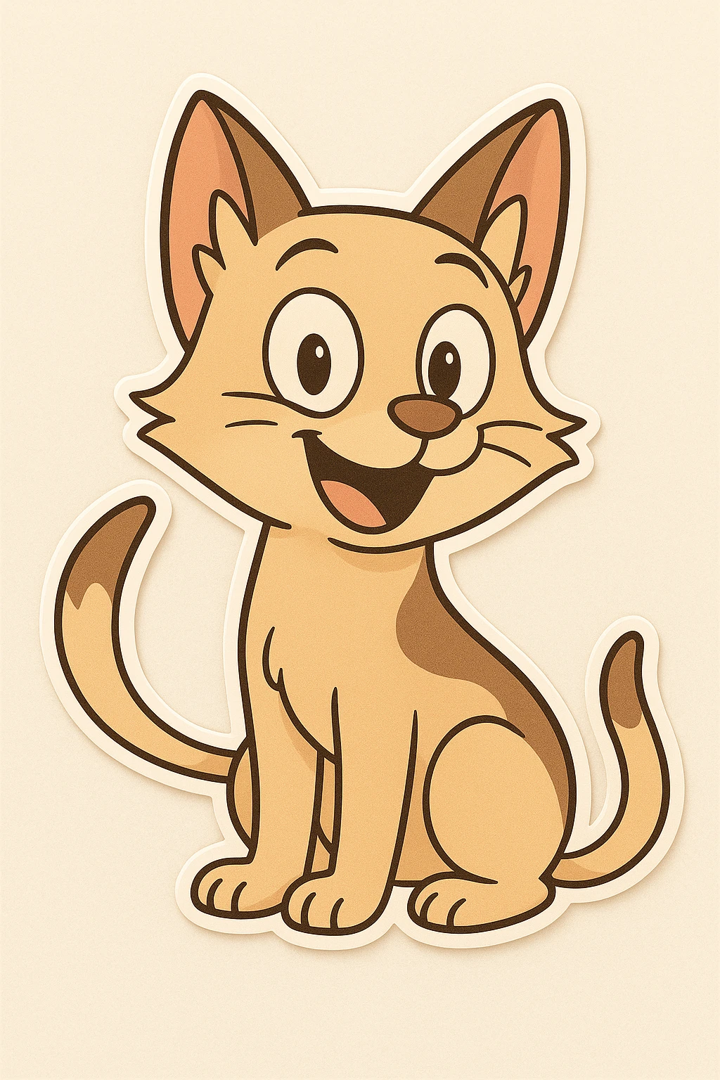 Make this happy dog-cat hybrid look more like a cat, emphasizing feline features such as pointed ears, slender face, and cat-like eyes, while keeping the joyful expression and cartoon style. emoji