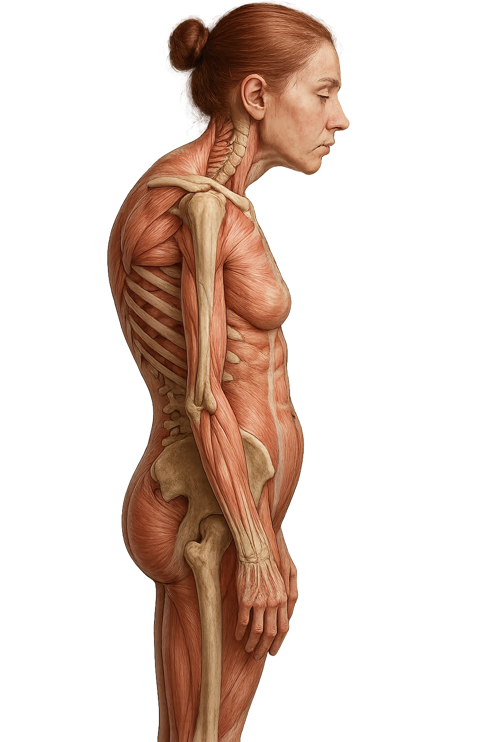 corpo umano anatomico di una donna di profilo con postura errata e spalle curve in avanti
IPERREALISTICO 4K emoji