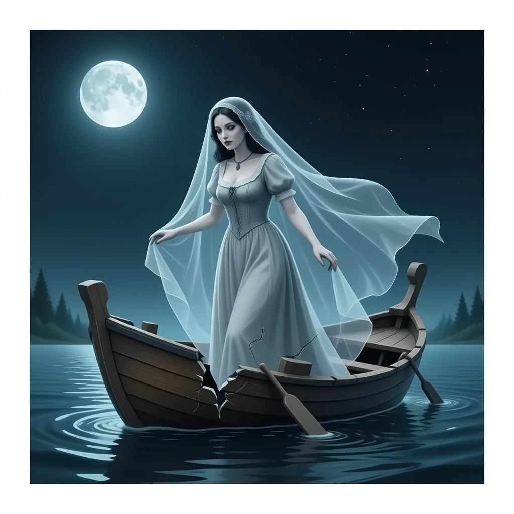 victorian style - a broken boat with a terrifying female apparition around which a transparent veil flutters hovers emoji