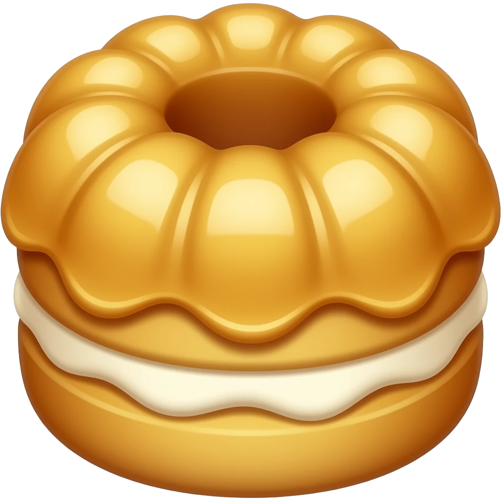 cute butter cake dessert emoji, small round dome cake with ridged top and glossy butter glaze, warm golden brown color, kawaii dessert style, thick outline, sticker design, transparent background emoji