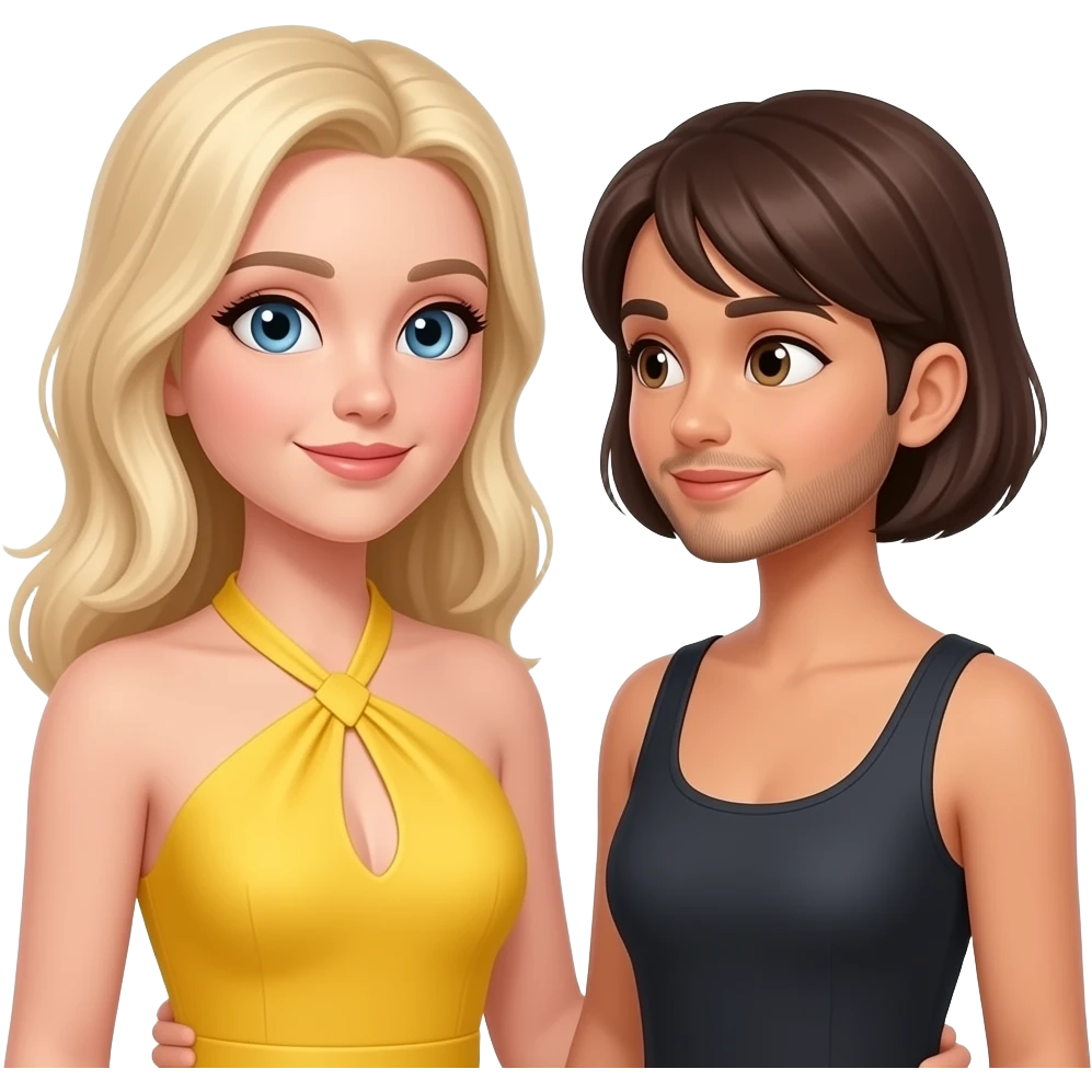 White blonde fiancé in halter yellow dress with brunette fiance with short facial hair proposal yellow dress emoji