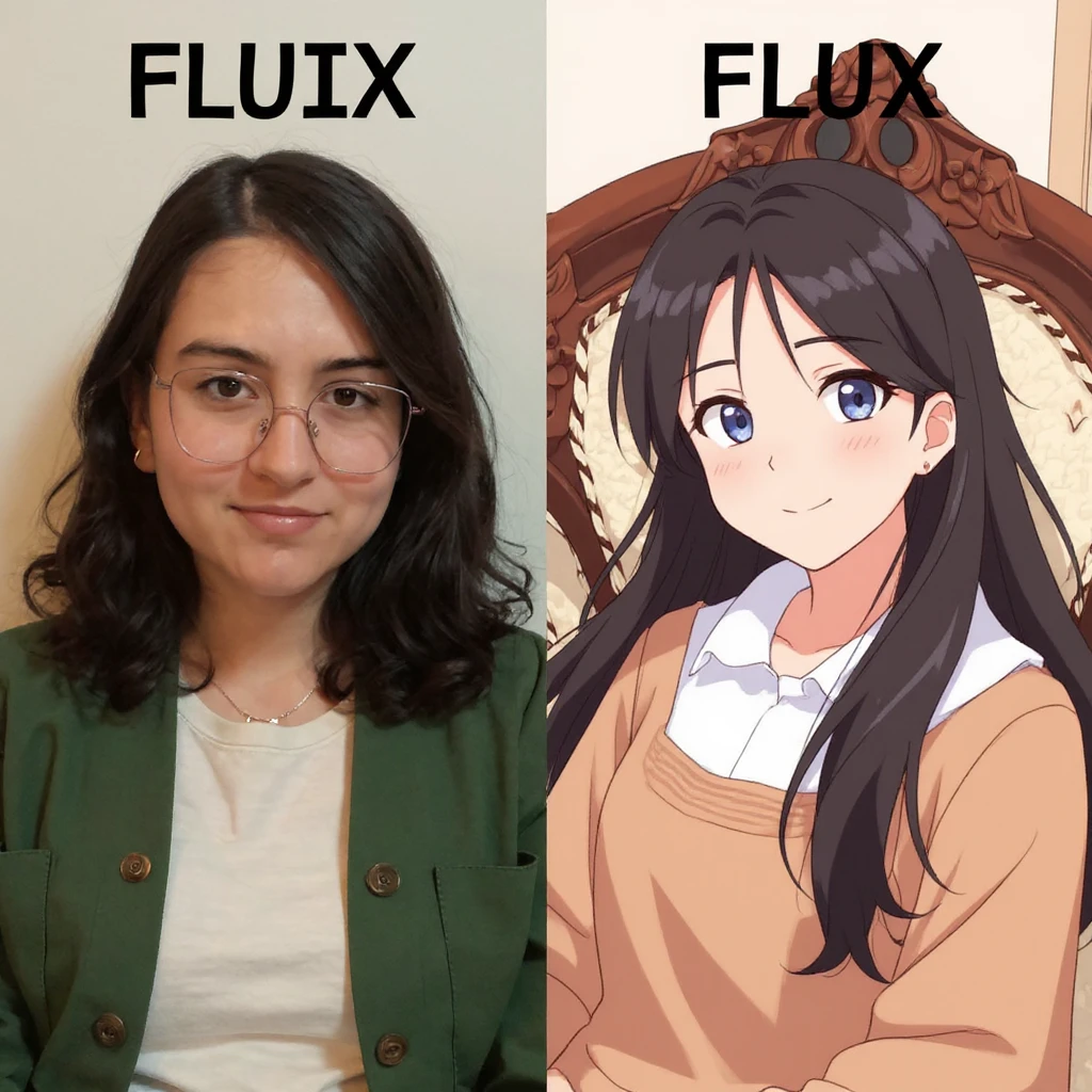 create before after image of a girl before is realsitic photo, after is anime version of her in same pose and clothes, add logo with text of a "FLUX Kontext Pro" emoji