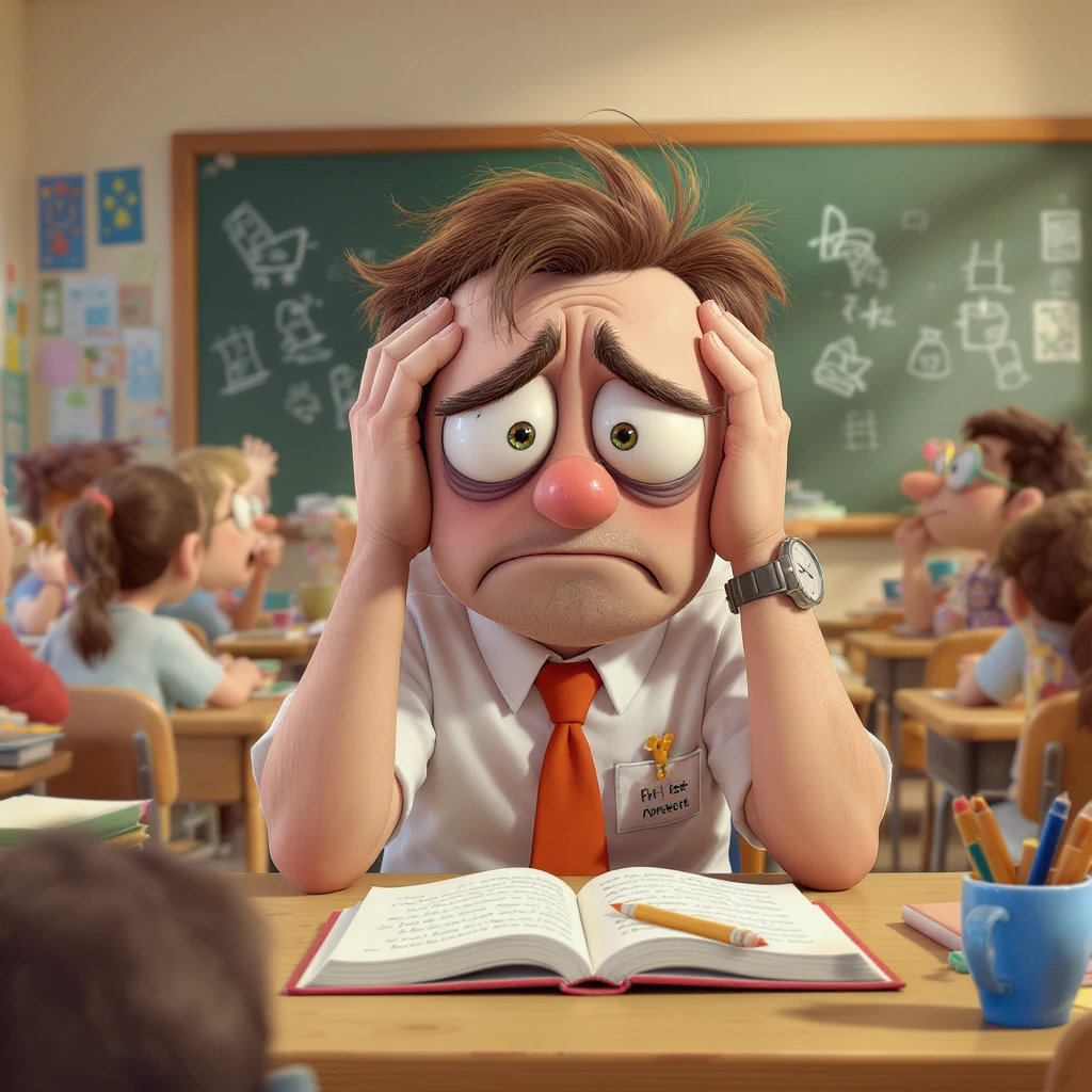 digital 2d cartoon art of a exhausted teacher in a bustling classroom emoji
