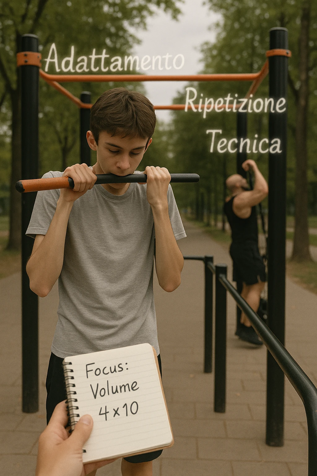 Giovane atleta principiante, fisico asciutto ma non muscoloso, si allena in uno street park con sbarra e parallele. Sta eseguendo serie lunghe di trazioni a corpo libero, concentrato sulla tecnica e sul controllo. Vicino a lui si vede un block notes con scritto a penna 'Focus: Volume, 4x10', mentre in lontananza un altro atleta molto più grosso fa una singola ripetizione con zavorra pesante. Il neofita guarda il suo diario, non gli altri. L’ambiente è sereno, luce naturale, atmosfera di crescita e disciplina. Sullo sfondo si intravedono i concetti scritti in aria con stile metaforico: 'Adattamento', 'Ripetizione', 'Tecnica', fluttuanti accanto a lui emoji