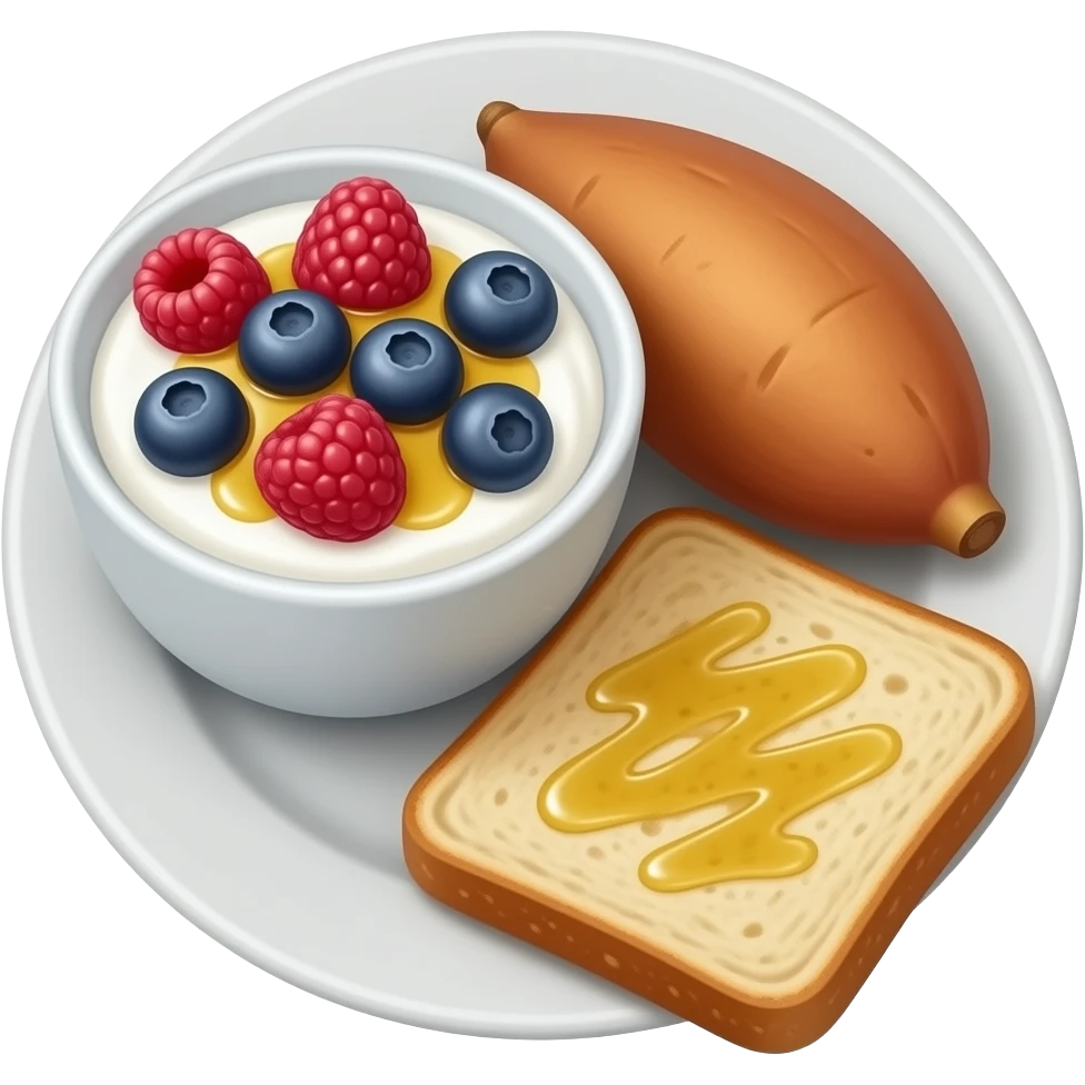 Realistic Plate with greek yogurt bowl topped with blueberries raspberries and maple syrup and sourdough slice topped with olive oil and a sweet potato on the side HD emoji