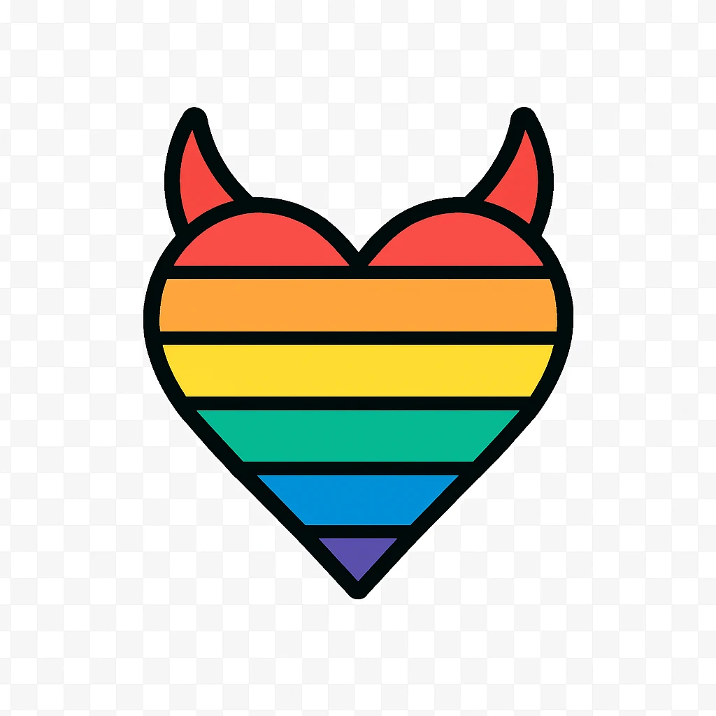 minimalist devil heart icon, geometric heart with sharp horns, rainbow stripes, pride theme emoji