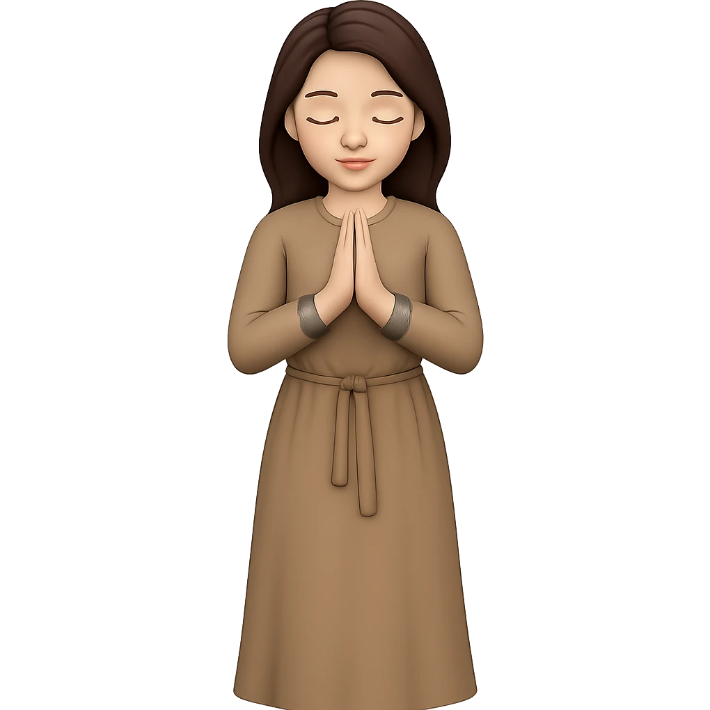 Create a third variation of a woman standing and praying from the front view, wearing a long tan dress, with dark brown hair, matching the body figure of the reference image. The style should emulate emoji style. Remove the background. emoji
