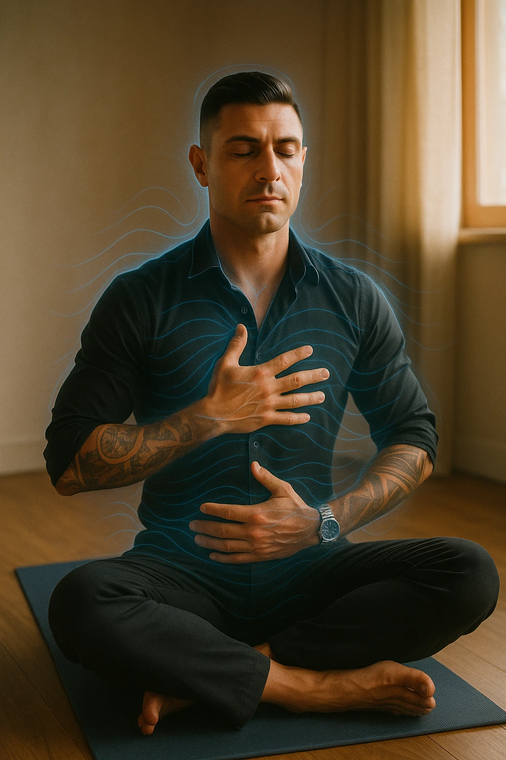 A highly realistic, cinematic portrait of a man in his early 30s with a calm, focused expression, sitting cross-legged on a yoga mat in a softly lit room. His eyes are closed, and he is performing deep diaphragmatic breathing, with one hand resting on his chest and the other on his abdomen, visibly rising and falling with each breath. A subtle glow or faint blue light outlines his body, symbolizing calm energy and nervous system regulation. Around him, faint symbolic waves or flowing lines in blue tones represent the breath calming the autonomic nervous system, while a soft warm light from a window illuminates his relaxed face. The atmosphere is peaceful and grounded, with warm natural tones and a clean, minimalist setting, evoking the feeling of inner calm and nervous system reset through conscious breathing. Style: 35mm hyperrealistic film photography, soft depth of field, warm lighting with clear focus on the man's peaceful face and breathing posture emoji