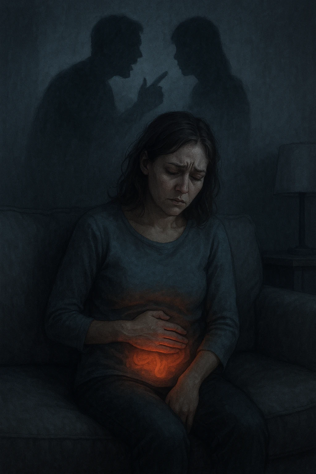 Donna sui 30 anni seduta su un divano, con una mano sull’addome e un'espressione visibilmente provata e triste. Intorno a lei, l’atmosfera è opaca e pesante, con toni freddi. Un’ombra simbolica dietro di lei rappresenta un evento stressante recente (es. un litigio o una perdita). Sul corpo, un lieve bagliore localizzato nella zona intestinale, a simboleggiare il dolore e l'infiammazione. Ambiente domestico, luci basse, emozione visibile. Stile realistico o metaforico con elementi emozionali e viscerali. emoji