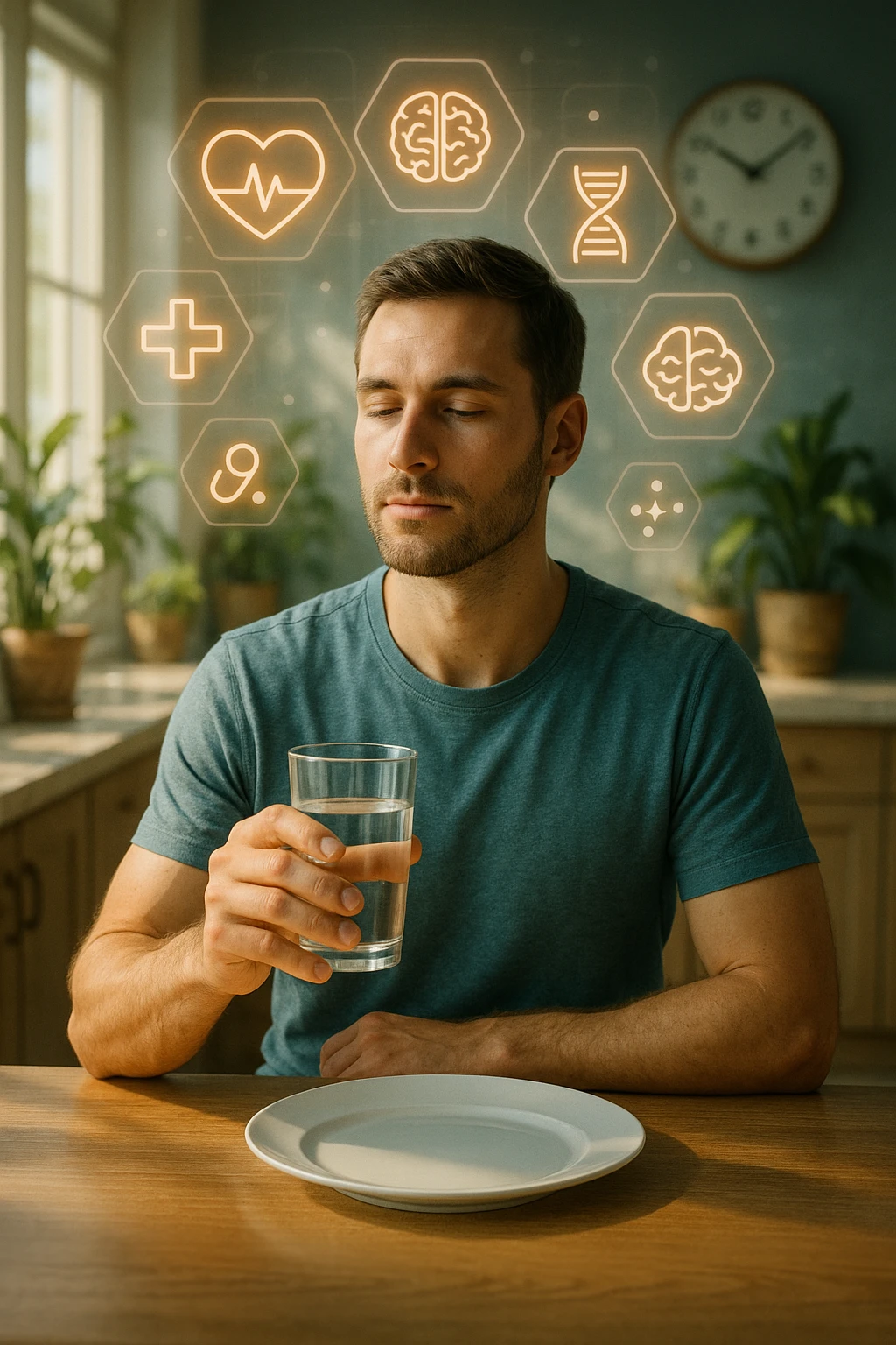 A realistic, cinematic illustration of a healthy, calm man in his early 30s sitting in a bright kitchen in the morning, with an empty plate in front of him and a glass of water in his hand, looking serene and focused. Behind him, the background shows subtle symbols of health: green plants, sunlight streaming in, and a blurred wall clock showing 10:00, symbolizing the fasting window. Above the man, a translucent overlay of medical icons (heart, brain, DNA strand) glows softly, illustrating that intermittent fasting acts as a powerful medicine, not merely a diet. The color palette is fresh and natural, emphasizing health, clarity, and focus. The style is realistic with slight cinematic tones, conveying that the man is using intermittent fasting as a tool for cellular regeneration, inflammation reduction, and health optimization rather than weight loss emoji
