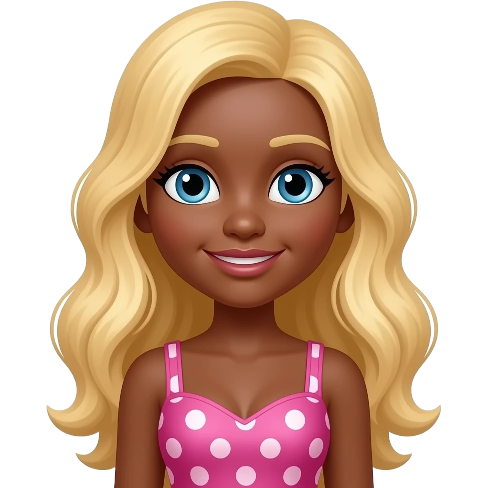 Bo peep girl, Dark brown skin, Doll shaped face, doll eyes, pink, wavy with side part longer blonde hair, sexy pink Bo peep dress with  white polka dots emoji