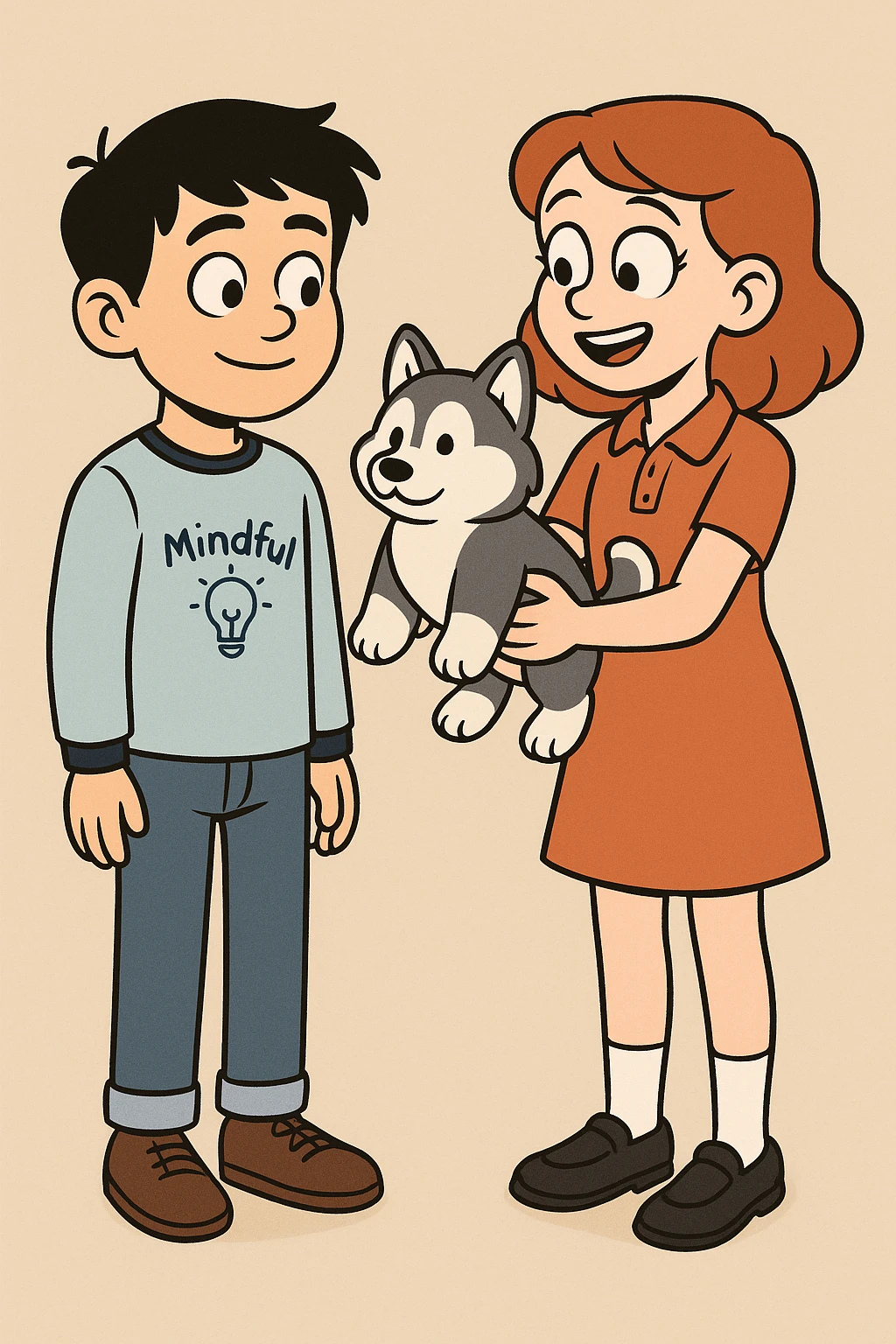 A boy Mindful Blue Original Long Sleeve T blue jeans brown shoe Chinese boy black hair Ringer T White Navy red trousers black shoe Siberian Girl red hair Orange Pro polo dress with socks black loafer a shoe Husky plushie  emoji