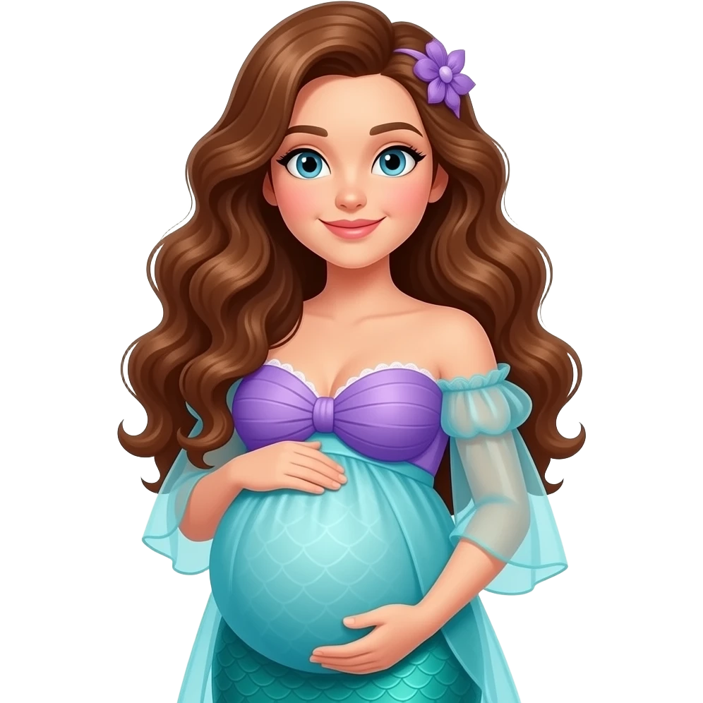 White lady with brown long curly hair pregnant woman in little mermaid attire emoji