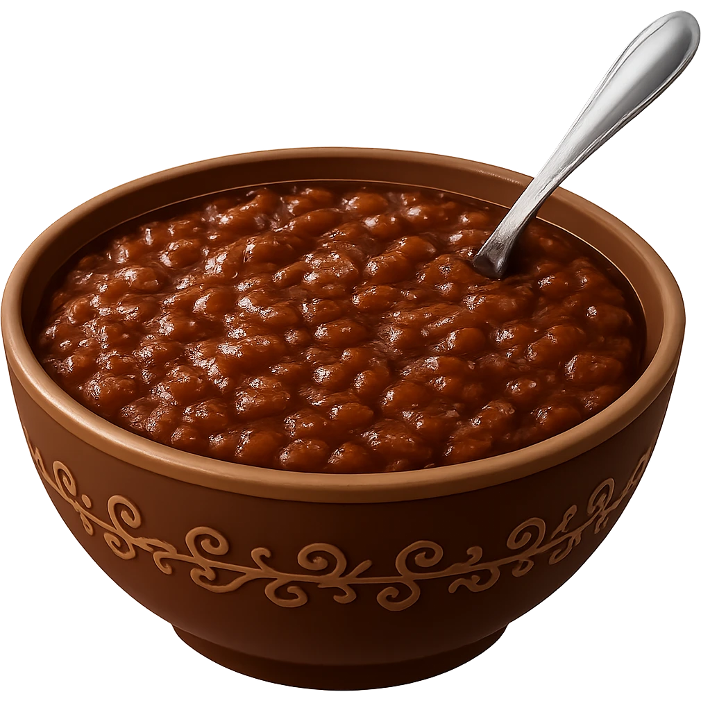 Make the champorado look like chocolate mixed with congee, with visible rice grains in a thick, glossy chocolate porridge, realistic texture, appetizing and true-to-life, keep the background transparent. Realistic and detailed food texture. emoji