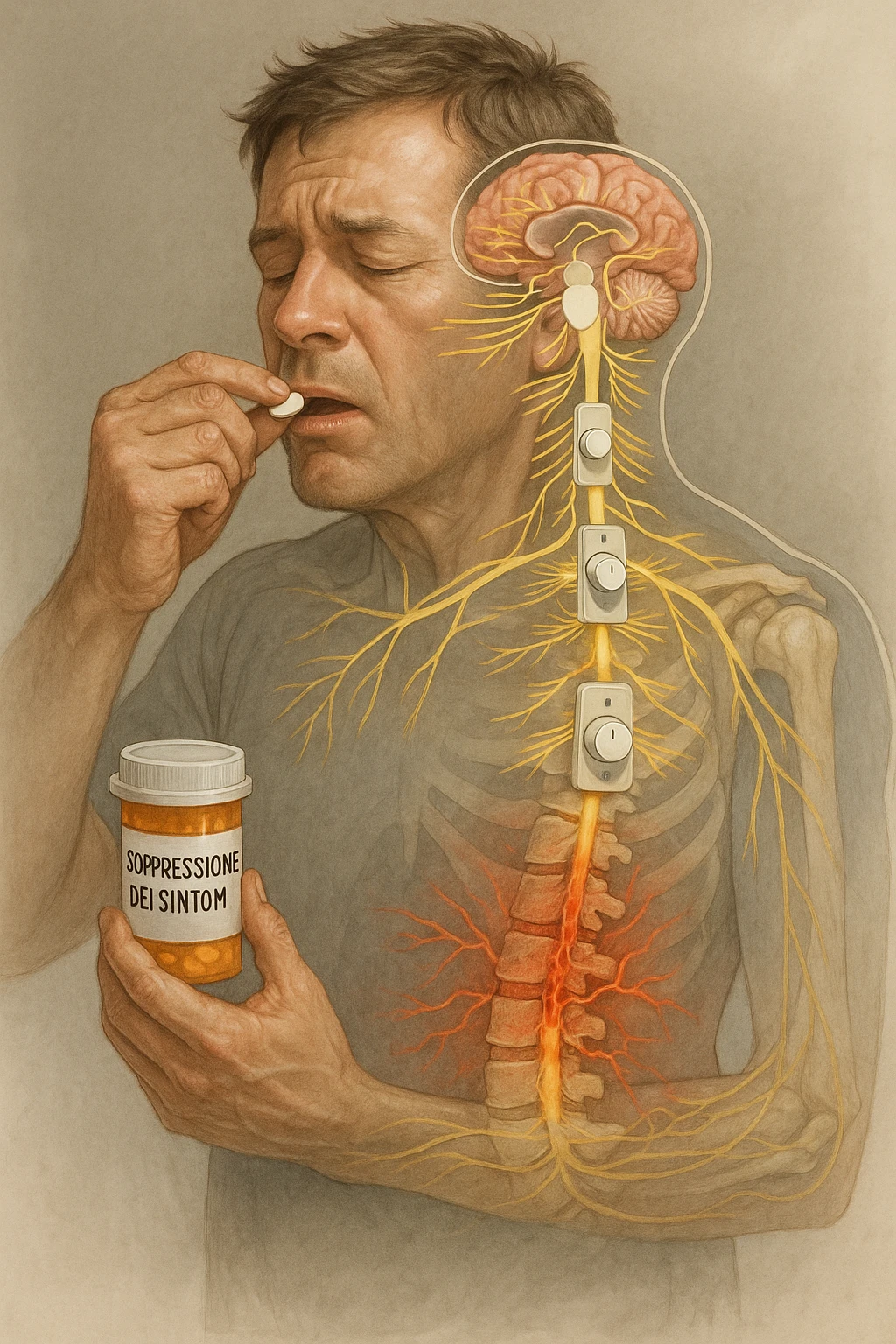Realistica Man taking pain medication for chronic back pain, pills shown as dimmer switches turning down pain signals in transparent nervous system overlay, underlying spinal damage remaining completely untreated and worsening, expression of temporary relief masking progressive deterioration, medication bottle labeled 'symptom suppression' not 'cure', root cause inflammation continuing to spread in italiano emoji
