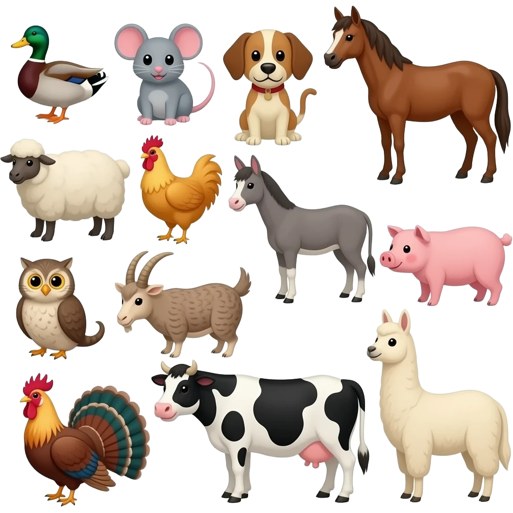 16 farm animals like have: Duck, mouse, dog, horse, sheep, chicken, donkey, pig, goat, cat, owl, rooster, rabbit, Turkey, cow, and llama emoji
