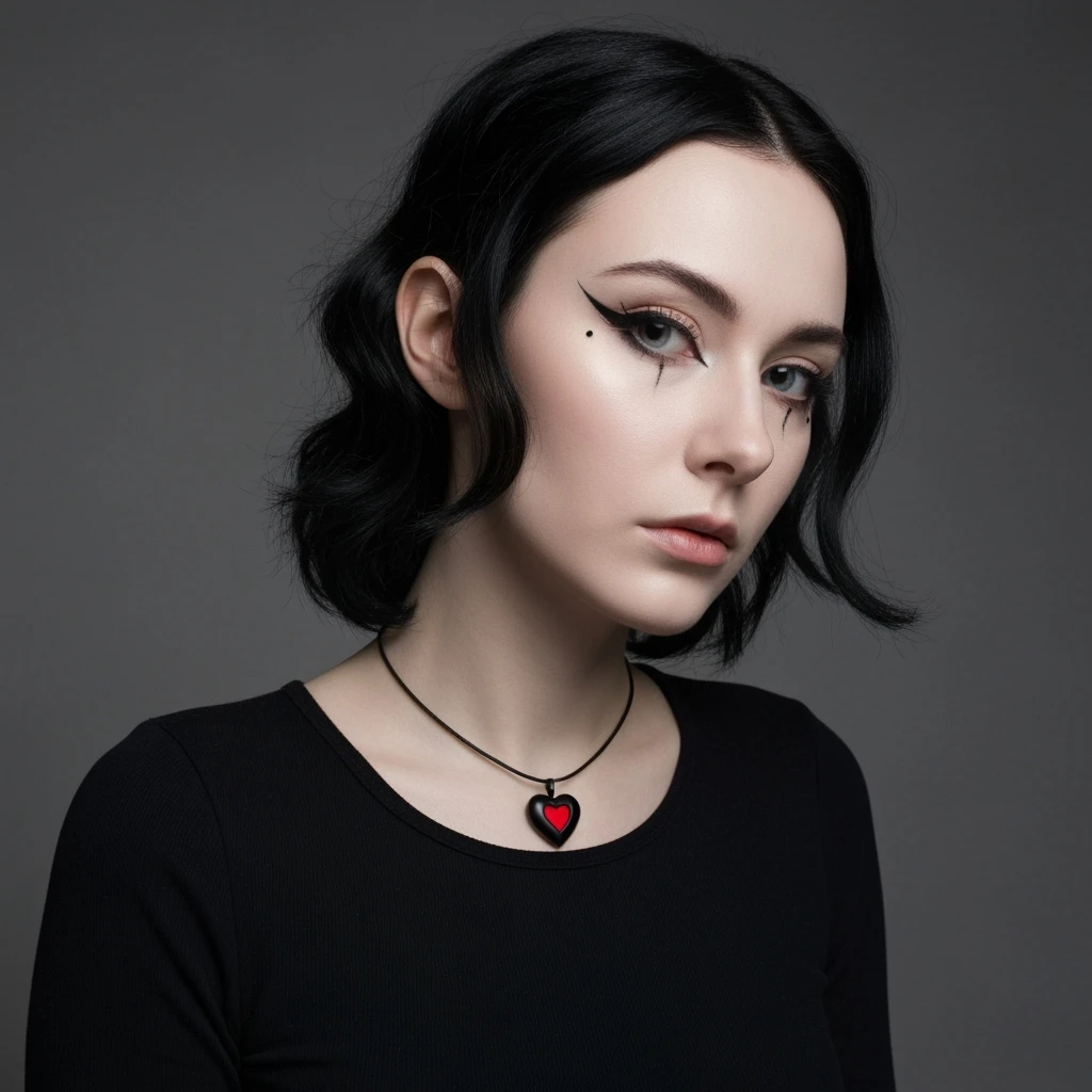 goth profile picture with a heart accent, cute, expressive, minimal, new variation 2 emoji