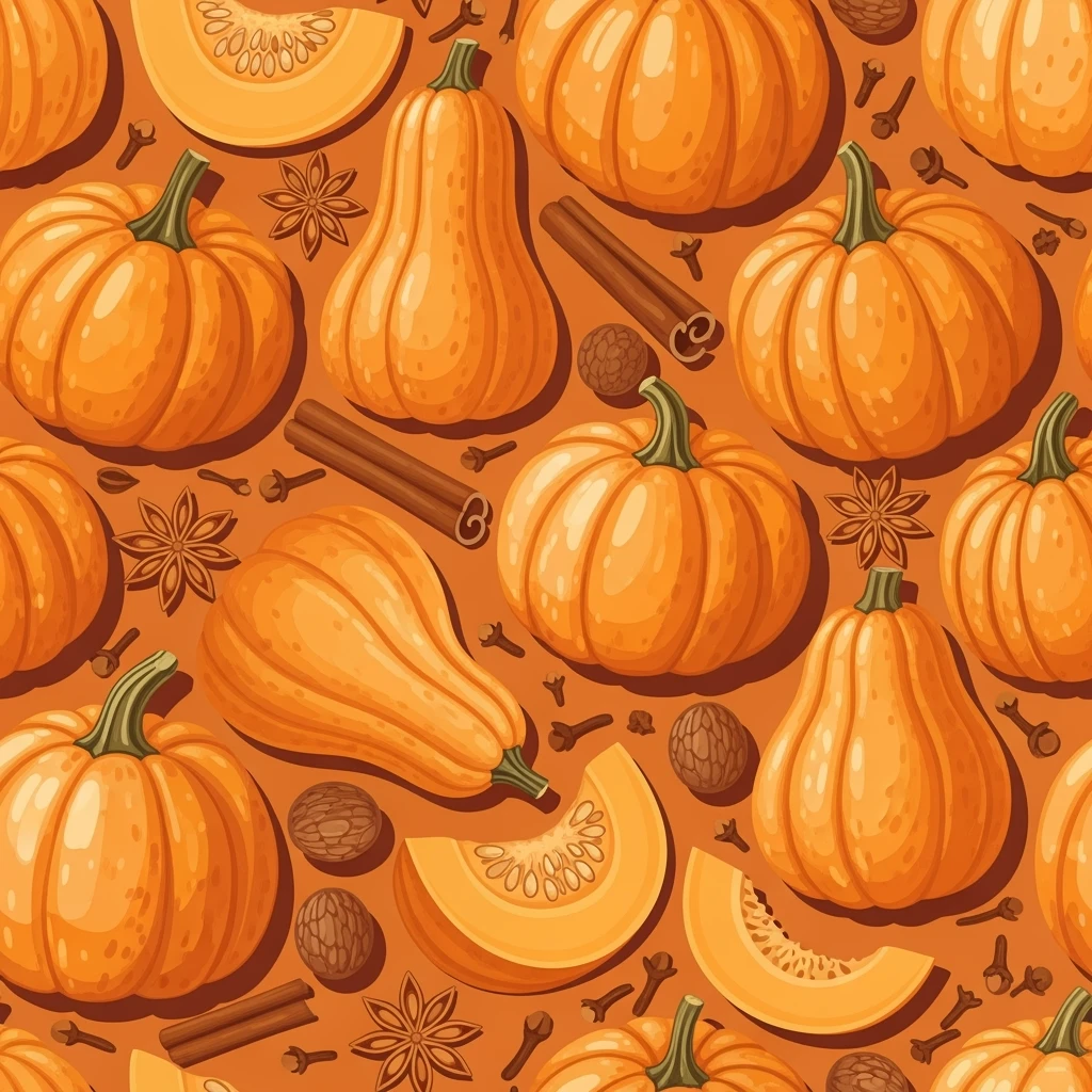 seamless pattern of pumpkins and pumpkin spice, warm orange and cinnamon tones, cozy autumn vibes, soft texture, vector style, high resolution emoji