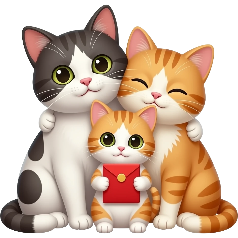 two cats cuddling with a kitten holding a red envelope emoji
