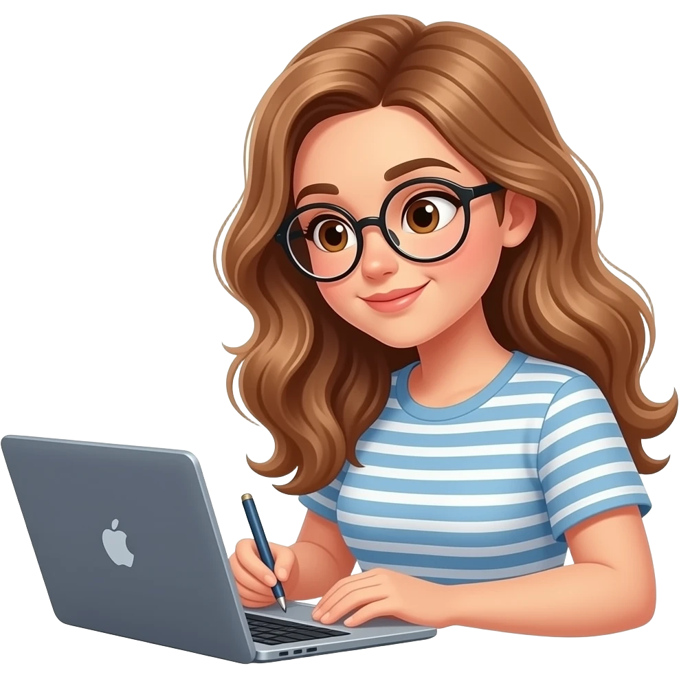 detailed emoji illustration of a curvy woman with long light brown wavy hair, light brown eyes and round glasses writing her book on a laptop, focused creative expression, cozy writer vibe, cute emoji style emoji