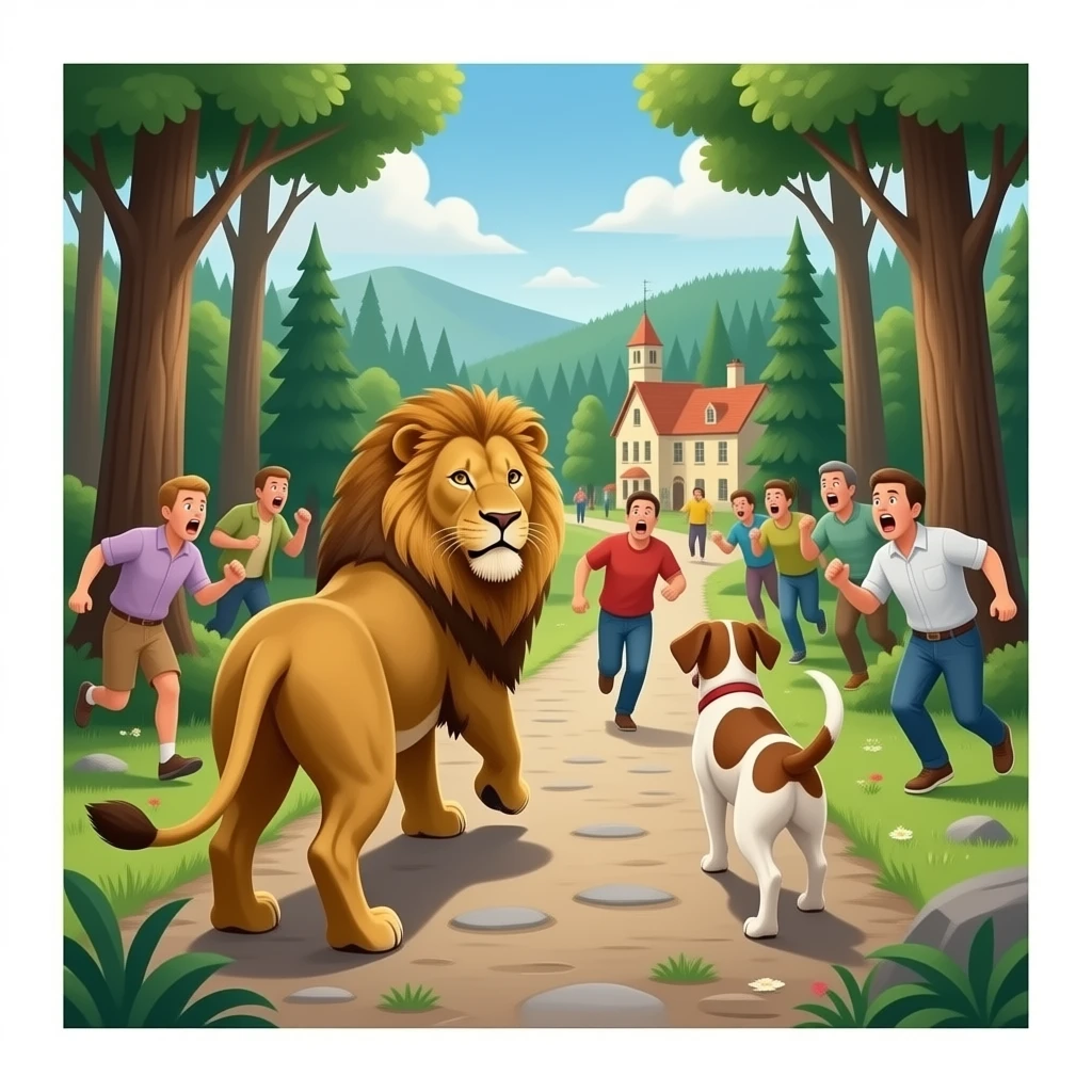 en publo entre un leon y un perrro por el bosque que sea realista i la gente este asustada pero que llegen a el pueblo que la gnte tenga miedo y empieze a correr la gente tenga mucho miedo i corra porque ello vienen y el perro y el leon quiera asustarlos y la gente sale corriendo en el otro sentido emoji