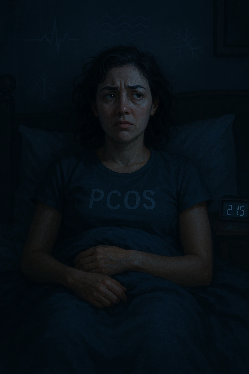 realistic and cinematic vertical illustration of a woman with PCOS in bed, showing signs of discomfort, agitation, insomnia, and symbols representing autonomic nervous system imbalance, nighttime atmosphere, very few writings, 2:3 aspect ratio emoji