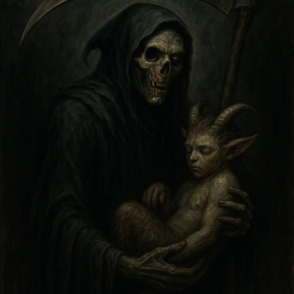A dark grim reaper, left hand holding a faun, face is half skeleton, half zombie, horror fantasy style. emoji