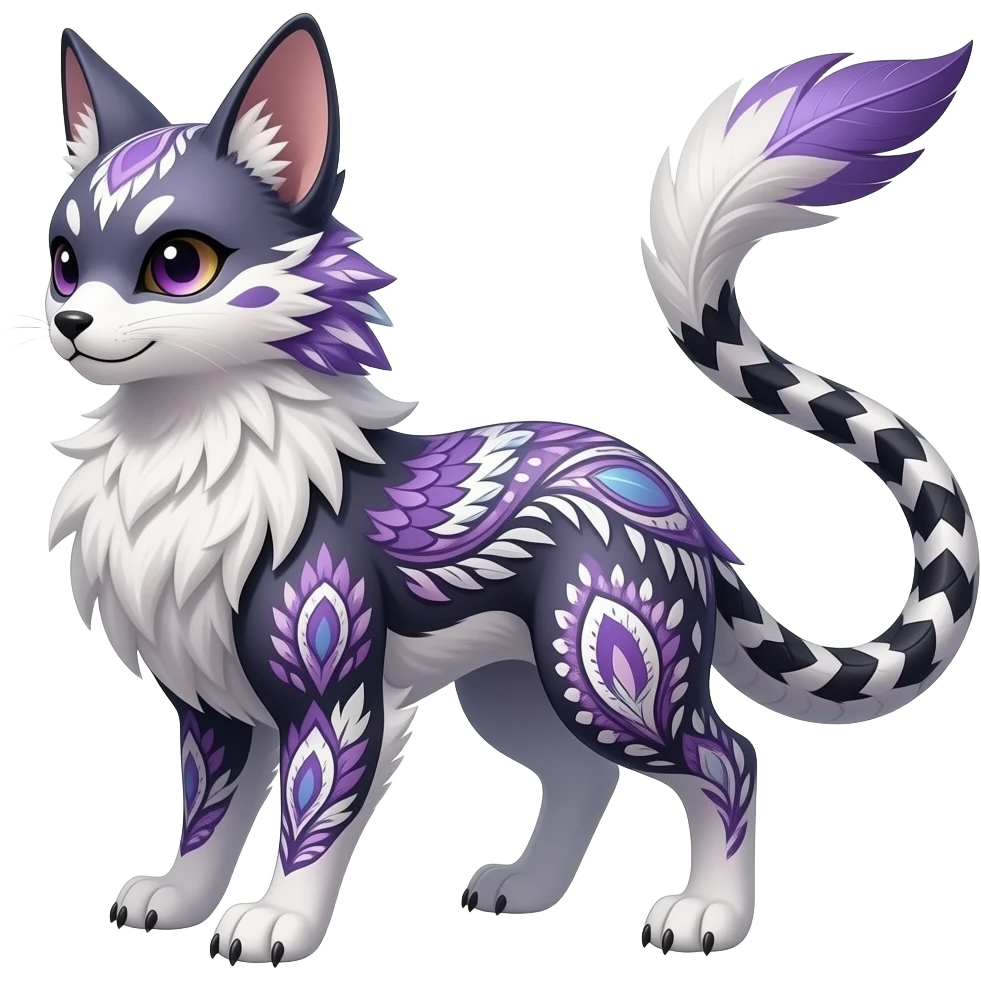 Paisley-patterned majestic feathery elegant realistic stylish Furry, feathery fluffy tropical flecked painted feathery scaly, Purple, white, black, Minccino-Bambino-Lykoi-Linoone-Zangoose-fusion-hybrid-animal-Fakémon-creature, full body, thin long sleek scaly tail, intricate markings emoji