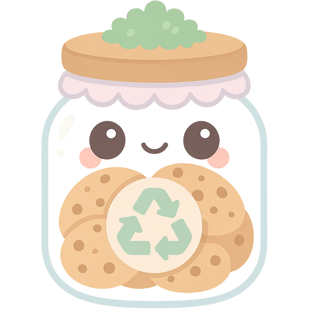 full glass cookie jar with wooden lid, lace trim, moss decoration, recycling symbol on front, filled with cookies, cozy whimsical homey cottagecore style, no text, transparent background emoji